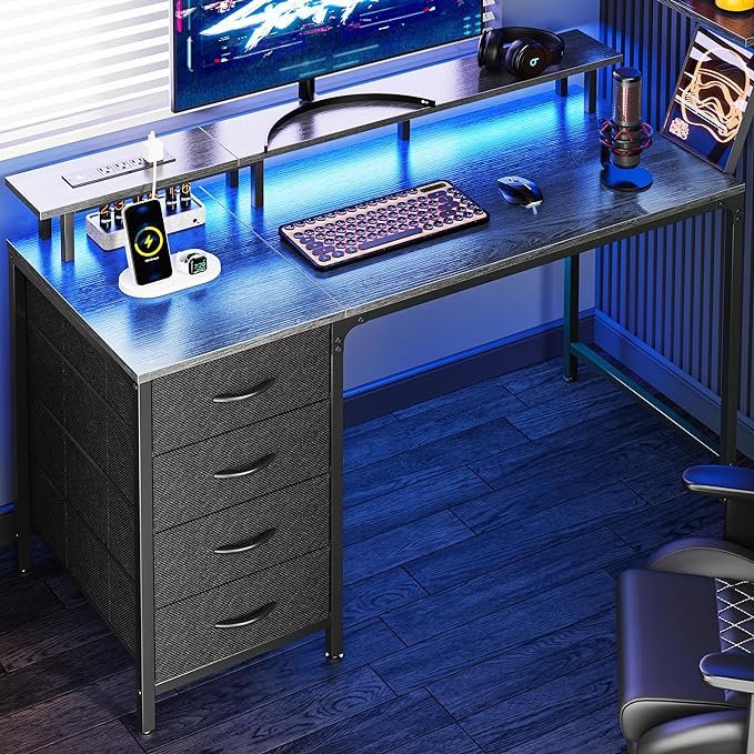 Huuger 47 Inch Computer Desk with Power Outlets and LED Lights