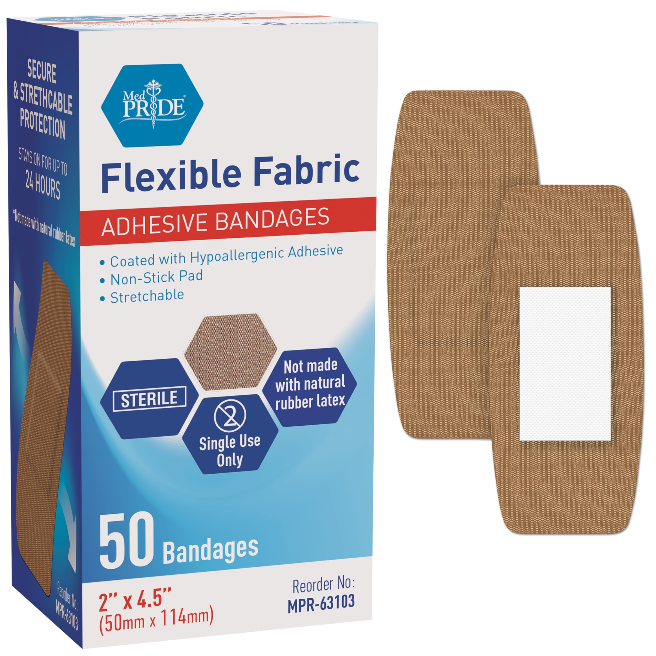MED PRIDESterile Fabric Adhesive Bandages [50 Count]- First Aid Bandages Coated with Hypoallergenic Adhesive & Non-Stick Pad- Latex-Rubber Free Wound Care Bandages- Individual Wrapped- 2” x 4.5''