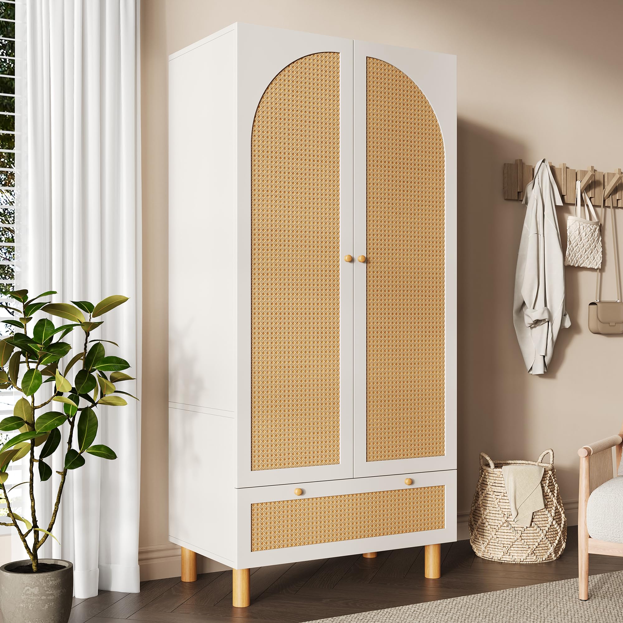 Armario con 2 puertas y ratán, estilo rústico, color blanco, con cajón grande, estantes ajustables en altura y barra para ropa, incluye protección antivuelco, 180 x 85 x 52 cm (alto x ancho