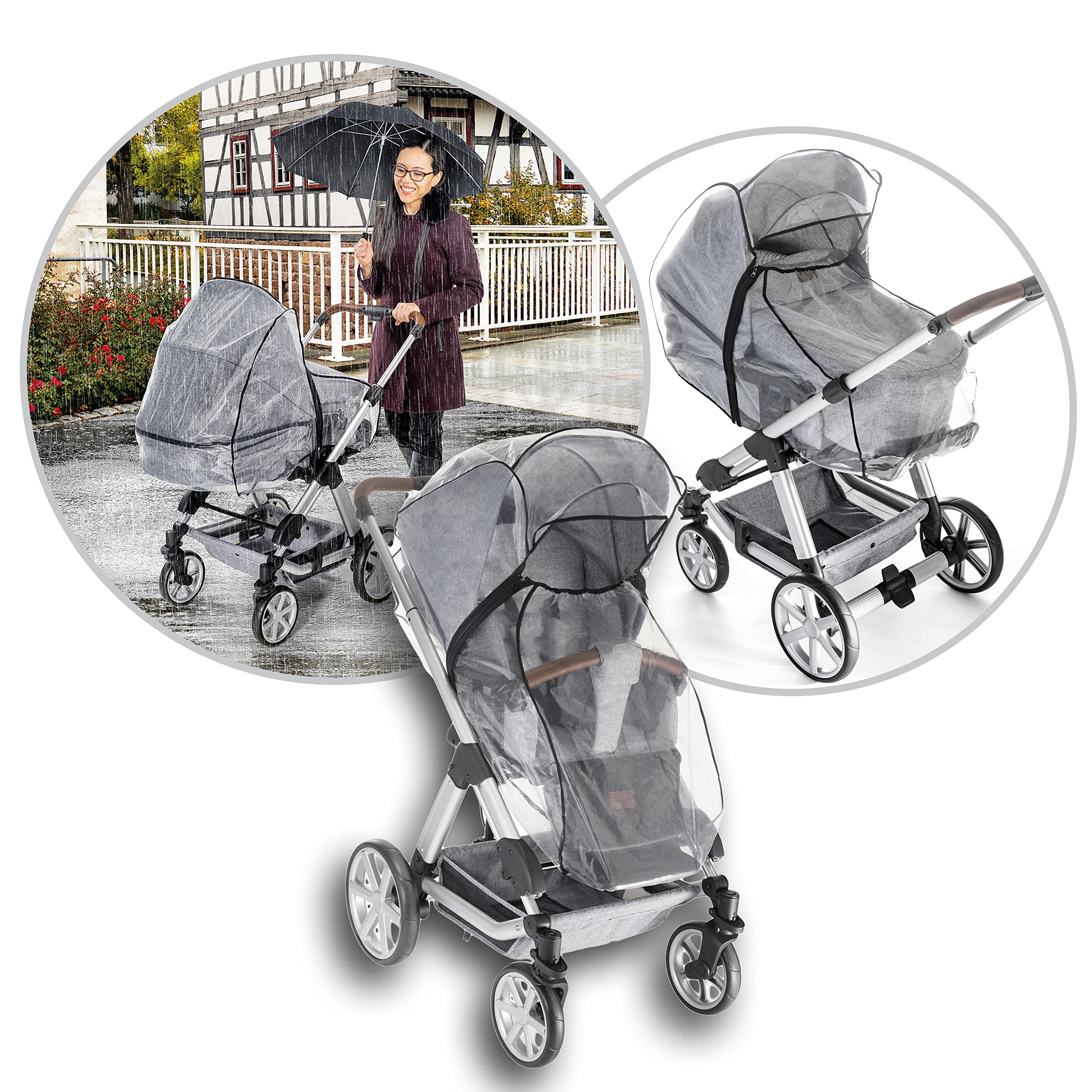 Reer RainCover Classic + pokrowiec przeciwdeszczowy, do wózka dziecięcego kombi z zamkiem błyskawicznym, 1 sztuka (1 opakowanie)
