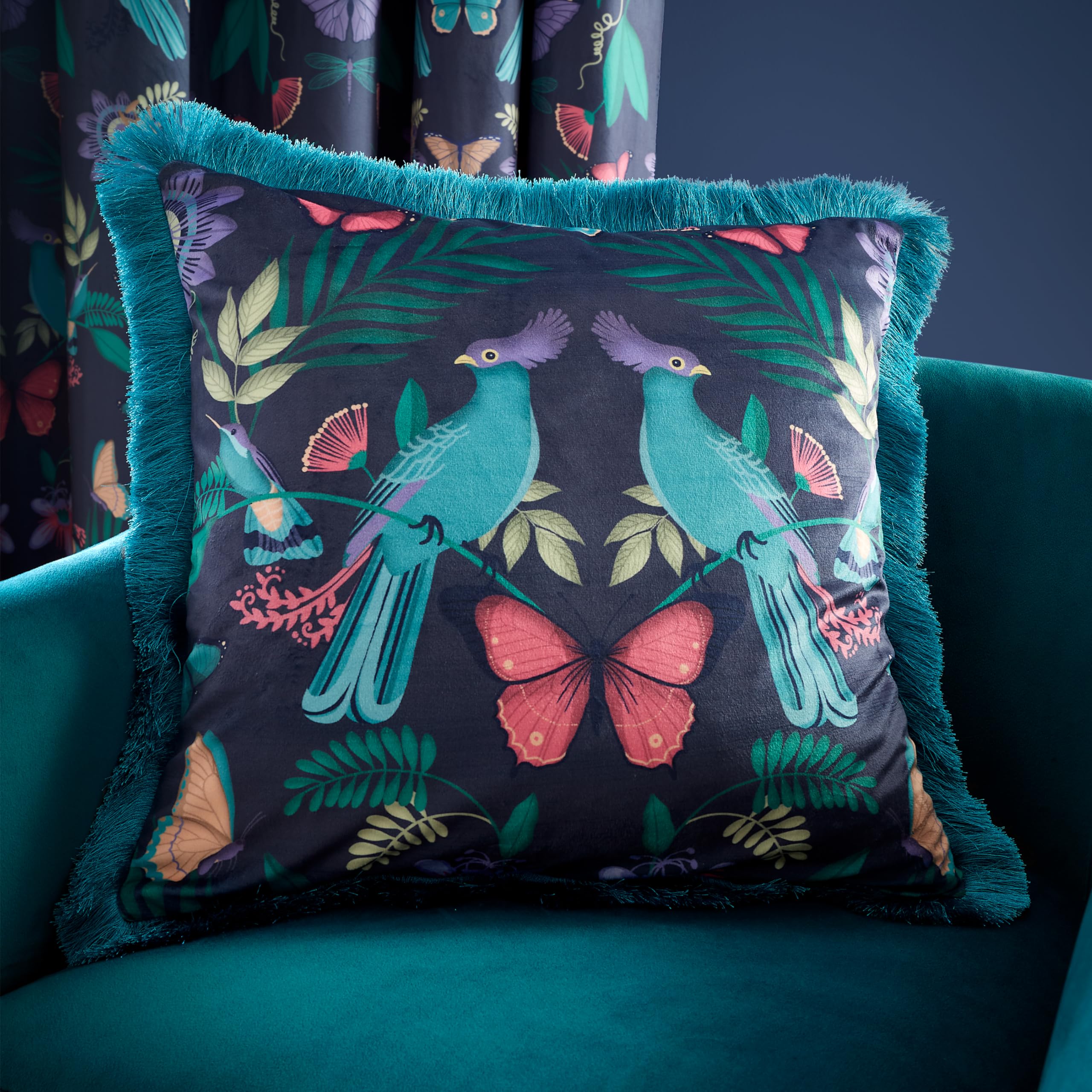 Catherine Lansfield Navy Birds Velvet Cushion