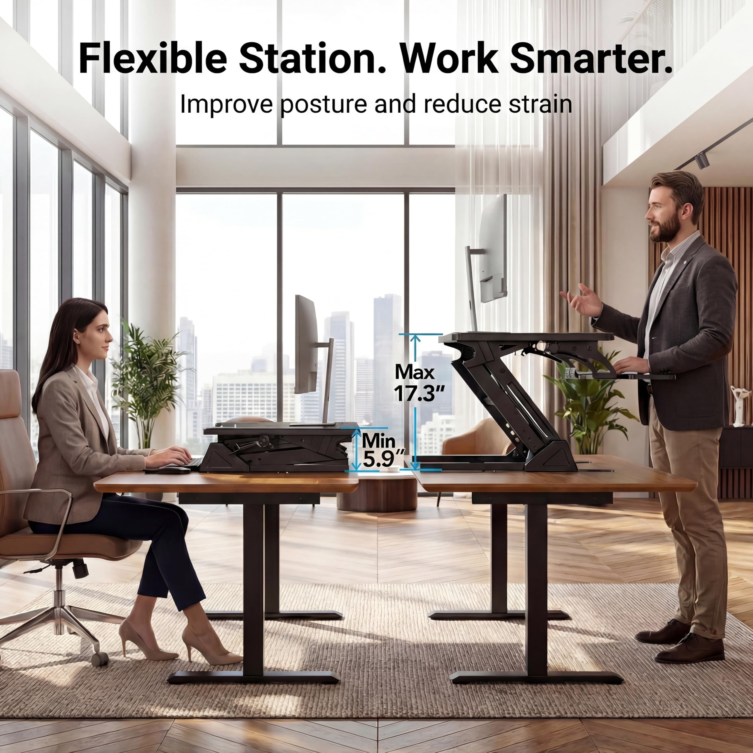 HUANUO 32 Z Shaped Stable Standing Desk Converter Height Adjustable Sit Stand Up Desk Riser Dual Monitor and — view 4