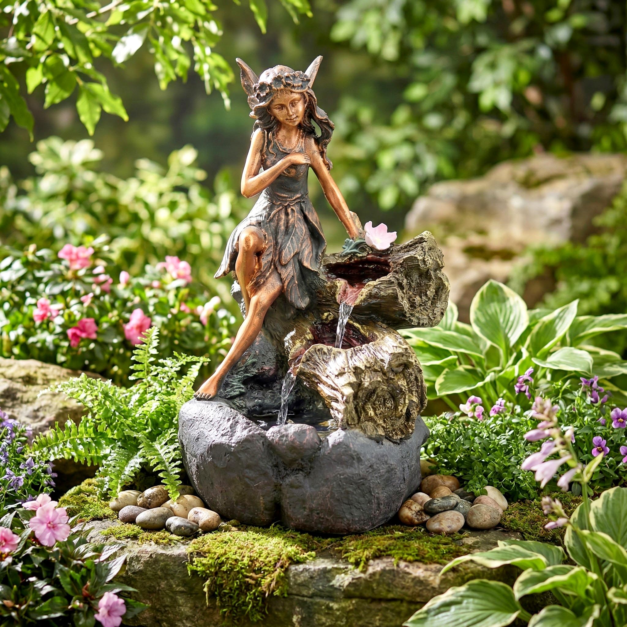 Geezy Bronze Garden Water Feature – Fairy Fountain With Led Lights – Mains Powered, Self-Contained, Indoor & Outdoor – Easy Setup, Relaxing & Cascading – Great For Garden, Home, Patio & Balcony Decor