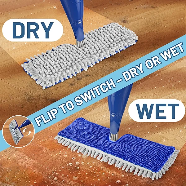 Papclean Spray Mops for Floor Cleaning: Double Sided Dust Mop for Hardwood Wood Tile Floor with Reusable Microfiber Pads - Wet Dry Kitchen Bathroom Cleaning