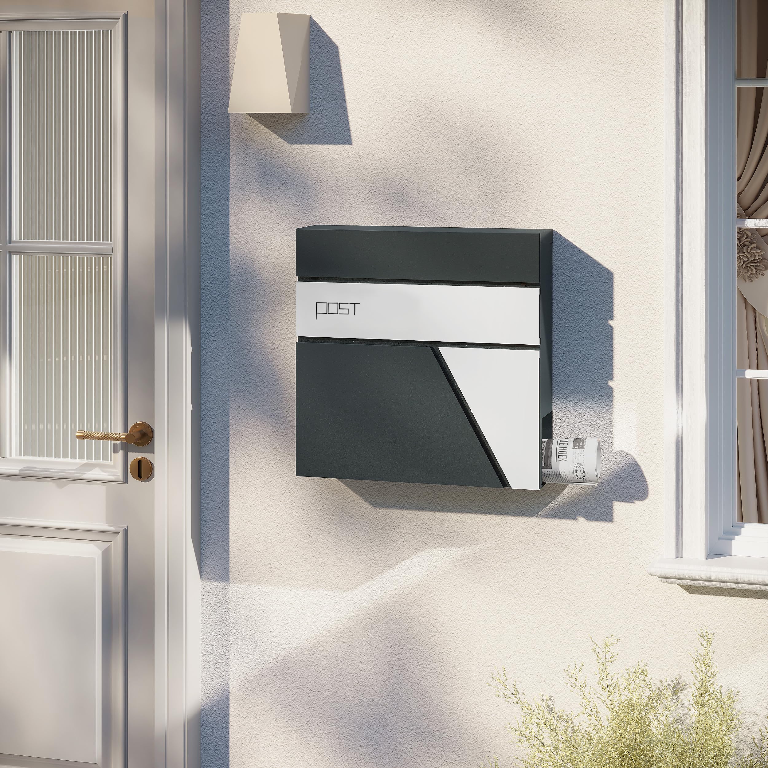 WOLTU Buzón de Correos, Buzon de Pared Moderno, Buzón Exterior de Aleación, Buzón Correo con 2 Llaves, Tapa Abatible y Zona para Periodicos, Antracita y Blanco, 37x10,5x37 cm,