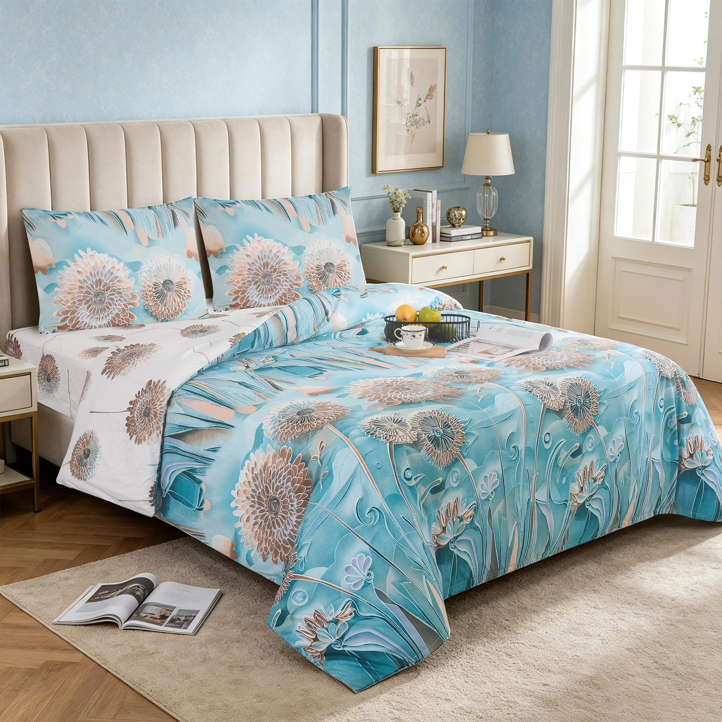Hadi London 4 PCS 3D Printed Bedding Set with Fitted Sheet Pillowcases Soft Microfiber Duvet Cover Set Luxury Printed Quilt Cover for Single Double King Super King (Ocean Bloom 3D, KING)