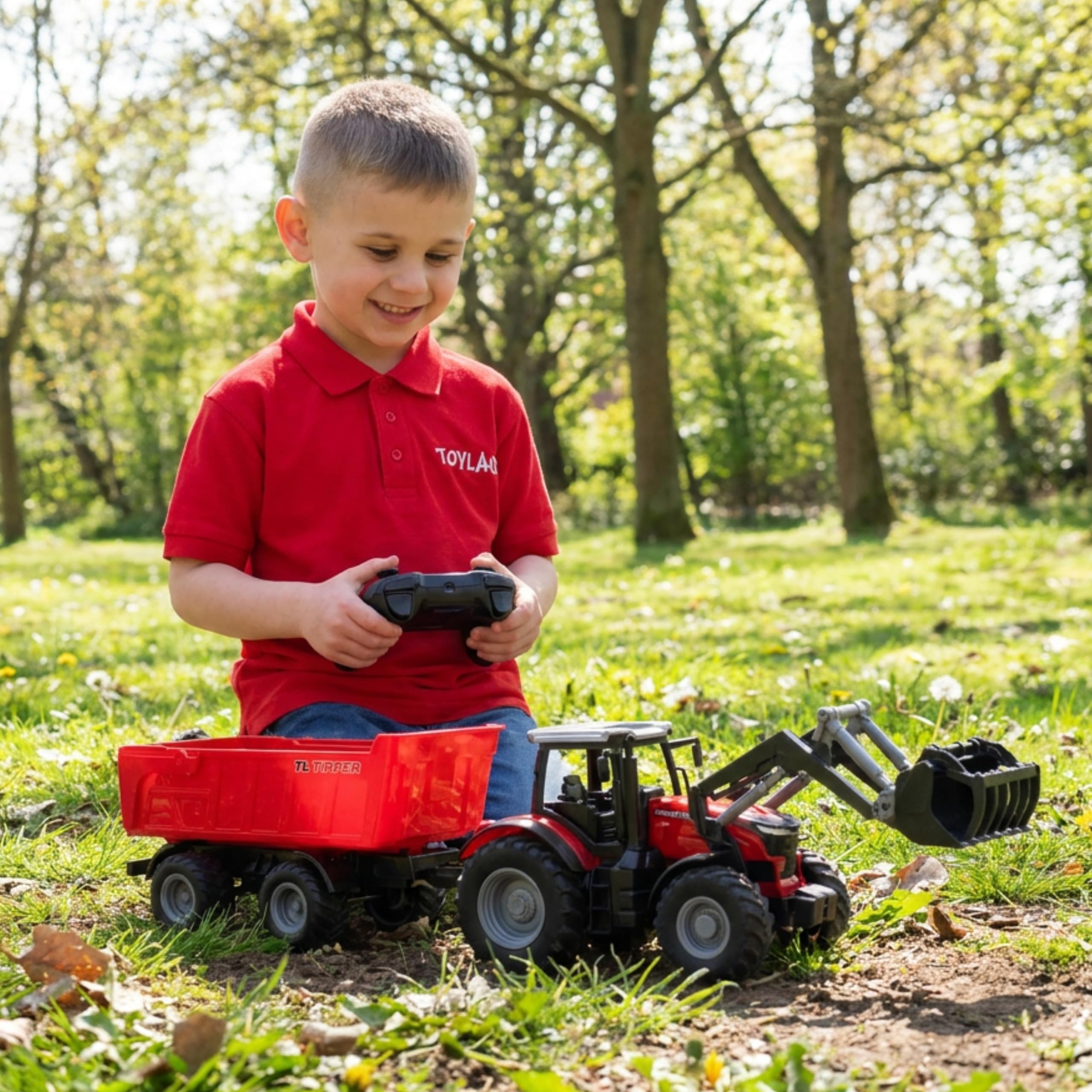 Toyland® 1:24 Tracteur Rouge télécommandé avec Chargeur Frontal, remorque basculante motorisée et Accessoires - de Jeu avec lumières Chargement USB - Batterie Rechargeable Incluse - Véhicule de Ferme