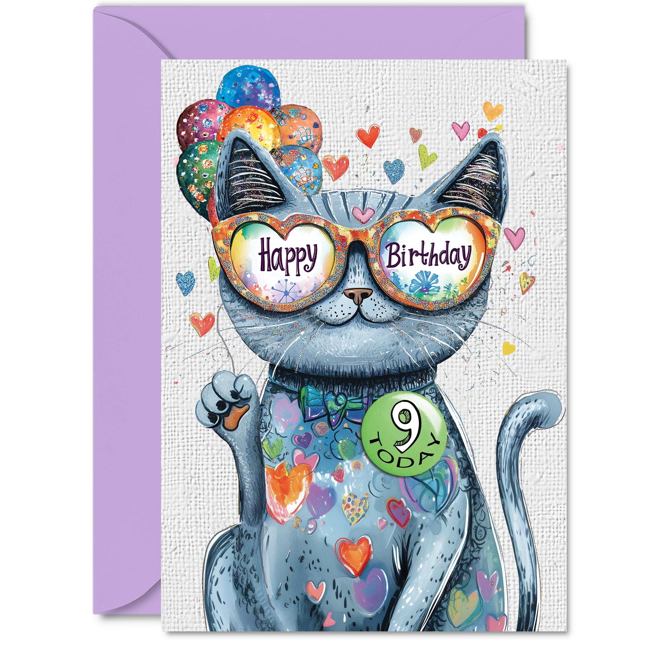 9th Birthday Card Girl, Purrfect Cat Balloons