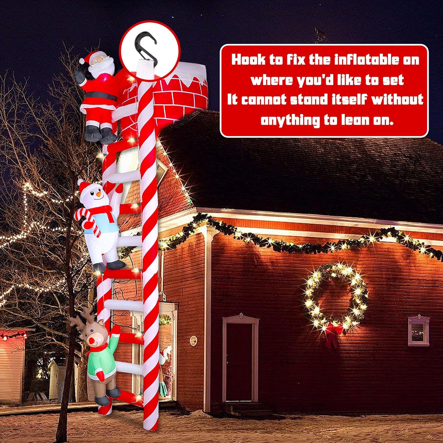 Joliyoou 10FT Christmas Inflatable Decoration, Giant Lighted Ladder to Chimney Climbed with Reindeer Santa Snowman, Xmas Blowups with C7 String Lights for Winter Holiday Roofs Decor
