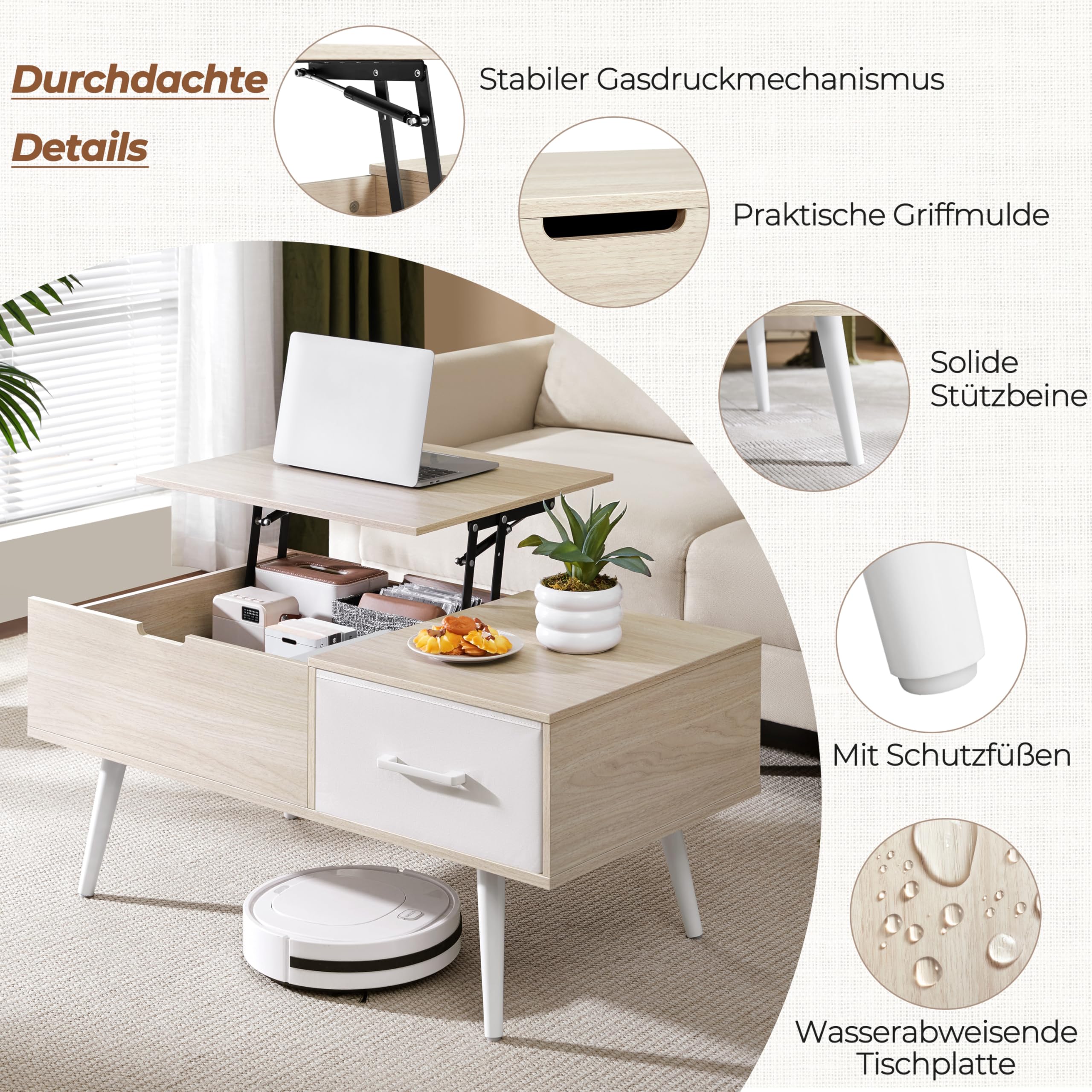 Yaheetech Couchtisch Höhenverstellbar, Beistelltisch mit Stauraum & offene Fächer, Wohnzimmertisch mit Geteilter Tischplatte, Lift-Top Kaffeetisch fürs Wohnzimmer/Esszimmer, Helle Holzfarbe | Seitlich und versteckt, ausgestattet mit 1 Schublade und Holzbe