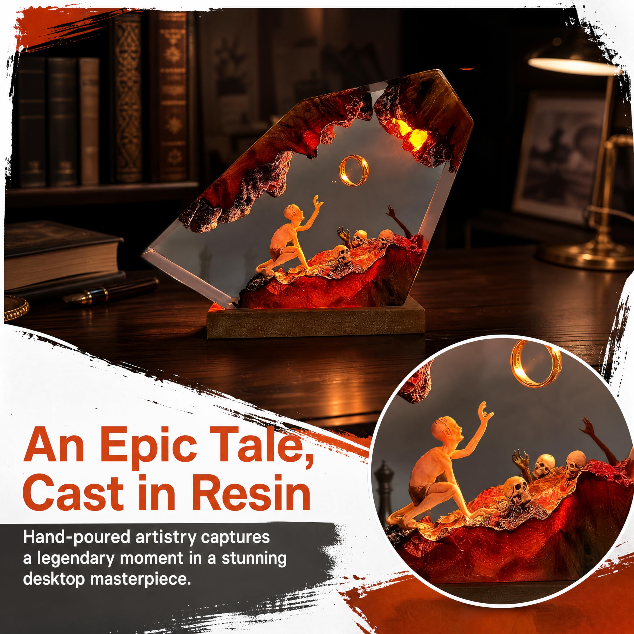 Lampada in resina epossidica, anello del Signore Oscuro, luce notturna a LED realizzata a mano in resina di legno massello, porta USB, decorazione per comodino della camera da letto, regalo di