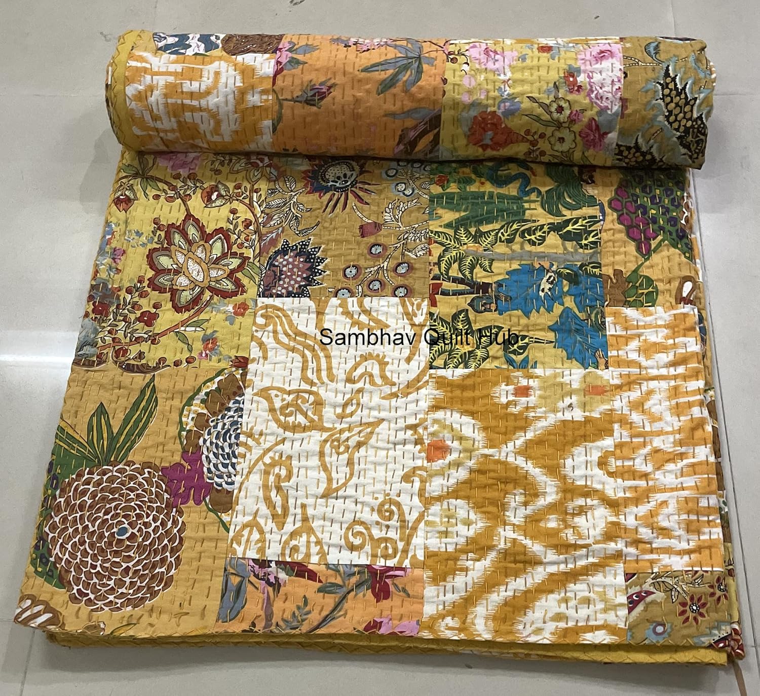 Yellow Handblock Multi Floral Assorted Cotton Patchwork Kantha Quilt Home Decorative Handmade Patch Quilted Twin Size Bohemian Bedding Throw Blanket Vintage Quilt