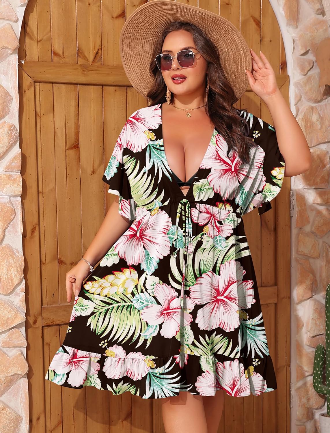 SWOMOG Plus Size Women Swimsuit Cover Up V Neck Short Sleeve Beachwear Bikini Bathing Suit Cover Summer Beach Dress - Image 3