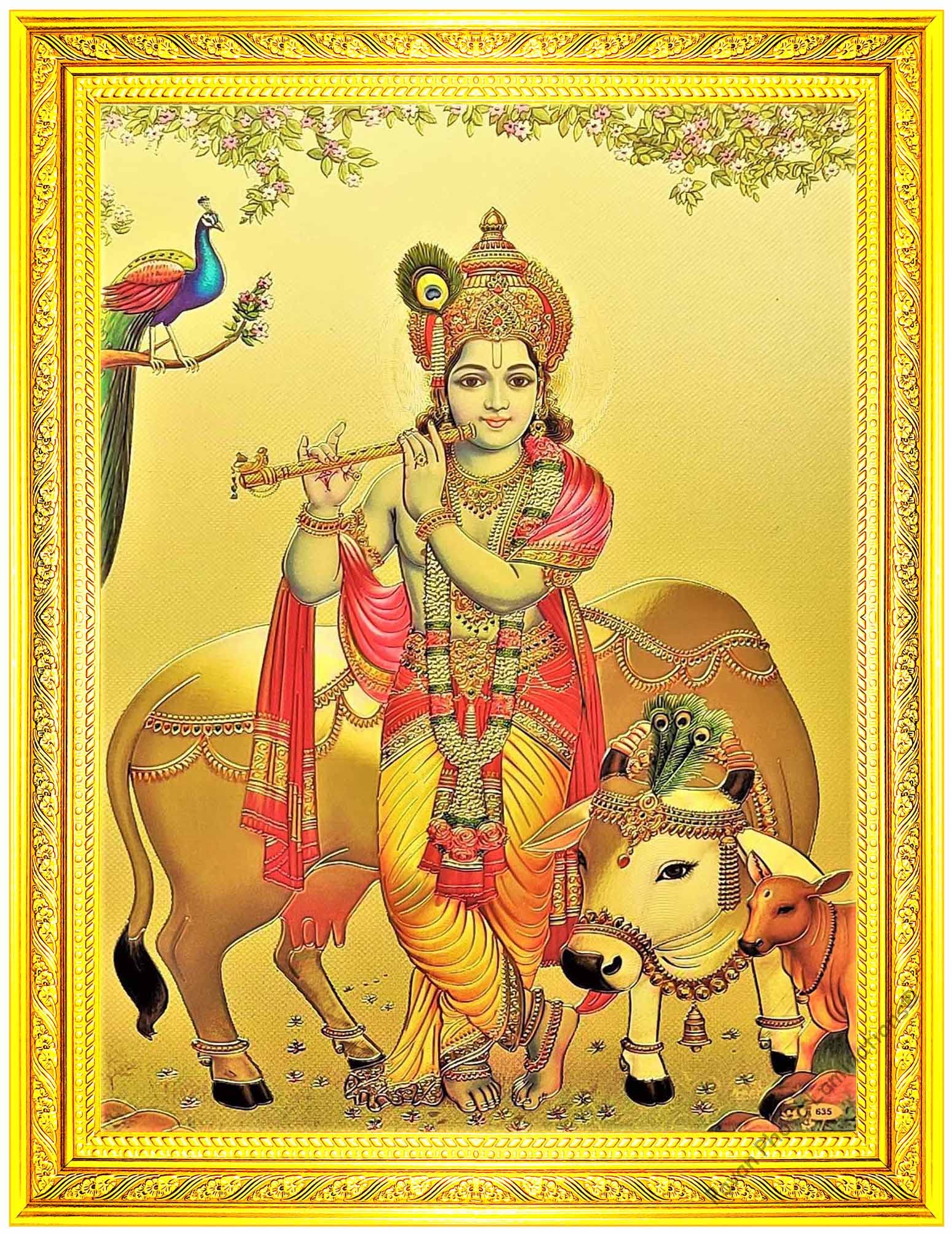 Pavan Photo Laminations, Golden Foil, Lord Sri Murali Shri Krishna Bhagwan Kannan Gomata Cow Gau MATA Krishnan Ki God Photo Frame, Small Size for Pooja Room, G170S