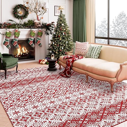 Miniatura 5 de Alfombra de área de Navidad 5 x 7 pies, copos de nieve rojos, alfombra decorativa festiva para sala de estar, dormitorio, alfombra antideslizante