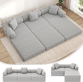DURASPACE 117.6'' Convertible Folding Sofa Bed, Floor Sleeper Sofa Couch with Fixed-Shape Frame, Oversized Modular Sectional Couch for Living Room, No Assembly Required (Chenille Gray)