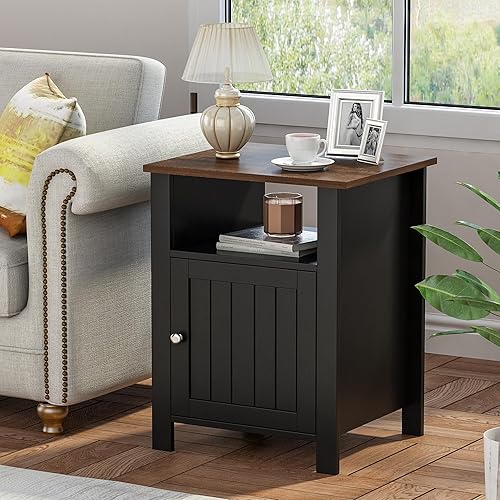 Miniatura 2 de ChooChoo Juego de 2 mesitas de noche, mesa auxiliar rústica vintage con almacenamiento para dormitorio, sala de estar, negro y marrón Negro y