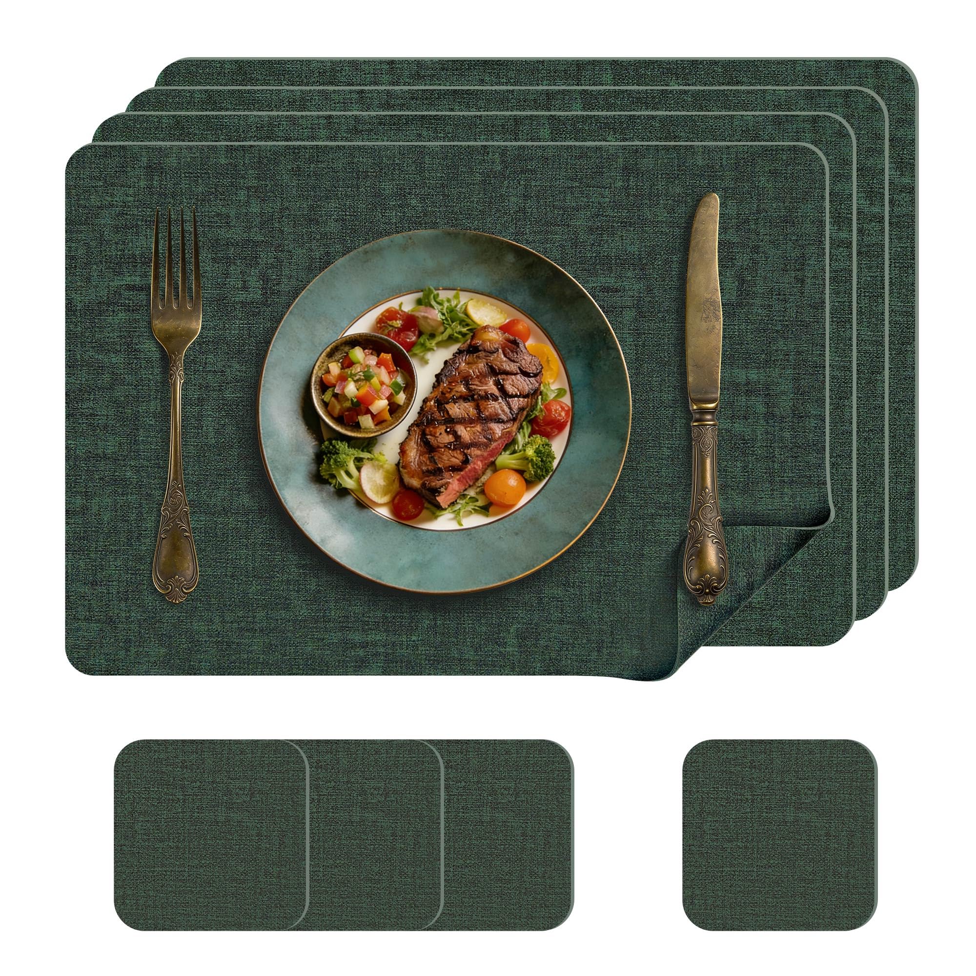 KitchenBoss Tovagliette Americane Lavabili e Sottobicchieri in Similpelle, Set da 4 Tovagliette Colazione Tovaglietta per Uso in Cucina, Sala da Pranzo e Ufficio, Verde, 43x30 cm