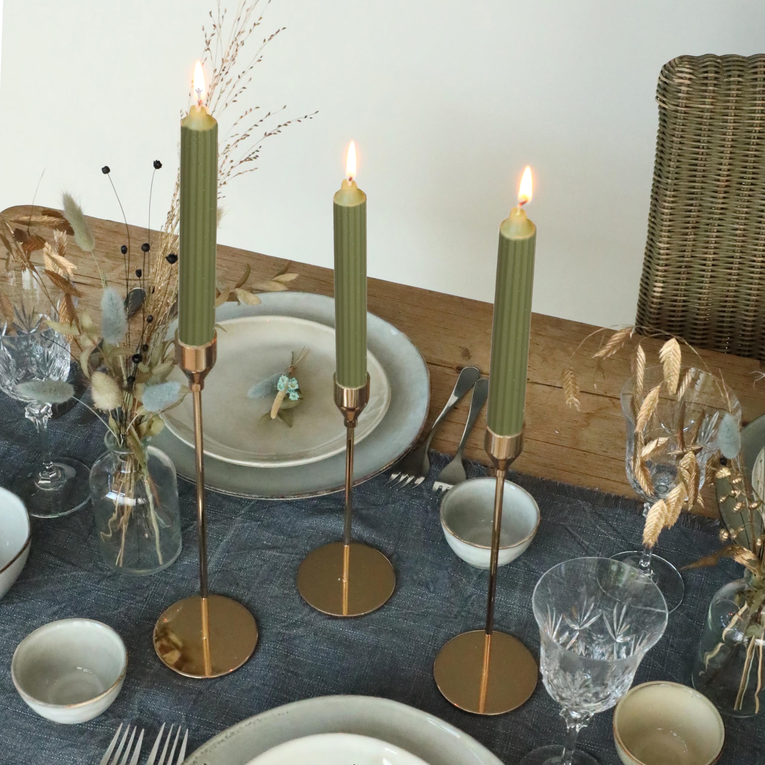 comforder COMFORDER Taper Candles Set, 4 x Table Candles Plain + Ribbed, 20 cm, 7 Hours Burning Time (Moss Green) - Image 3
