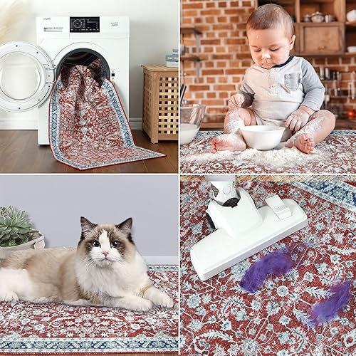 Miniatura 5 de Alfombra de pasillo de 2 x 6 pies, alfombra vintage envejecida, lavable, resistente a las manchas, antideslizante, alfombra de pasillo retro con