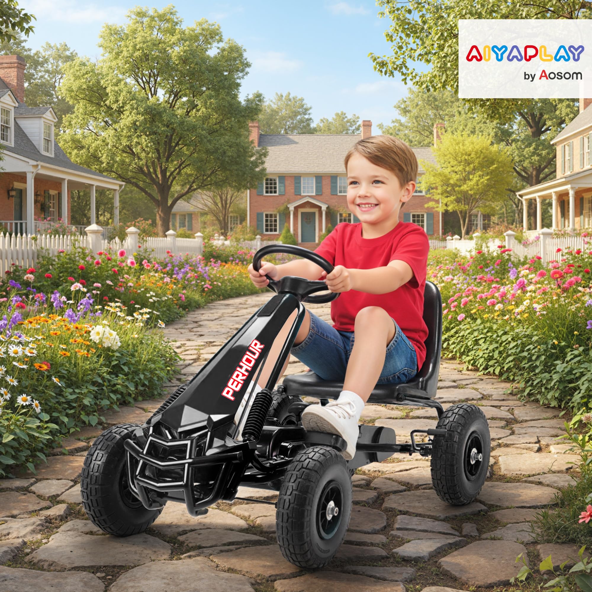 AIYAPLAY Go-Kart a pedali per bambini, con sedile regolabile, pneumatici EVA, frizione e freno manuali, veicolo a pedali per bambini e bambine dai 3 agli 8 anni, nero