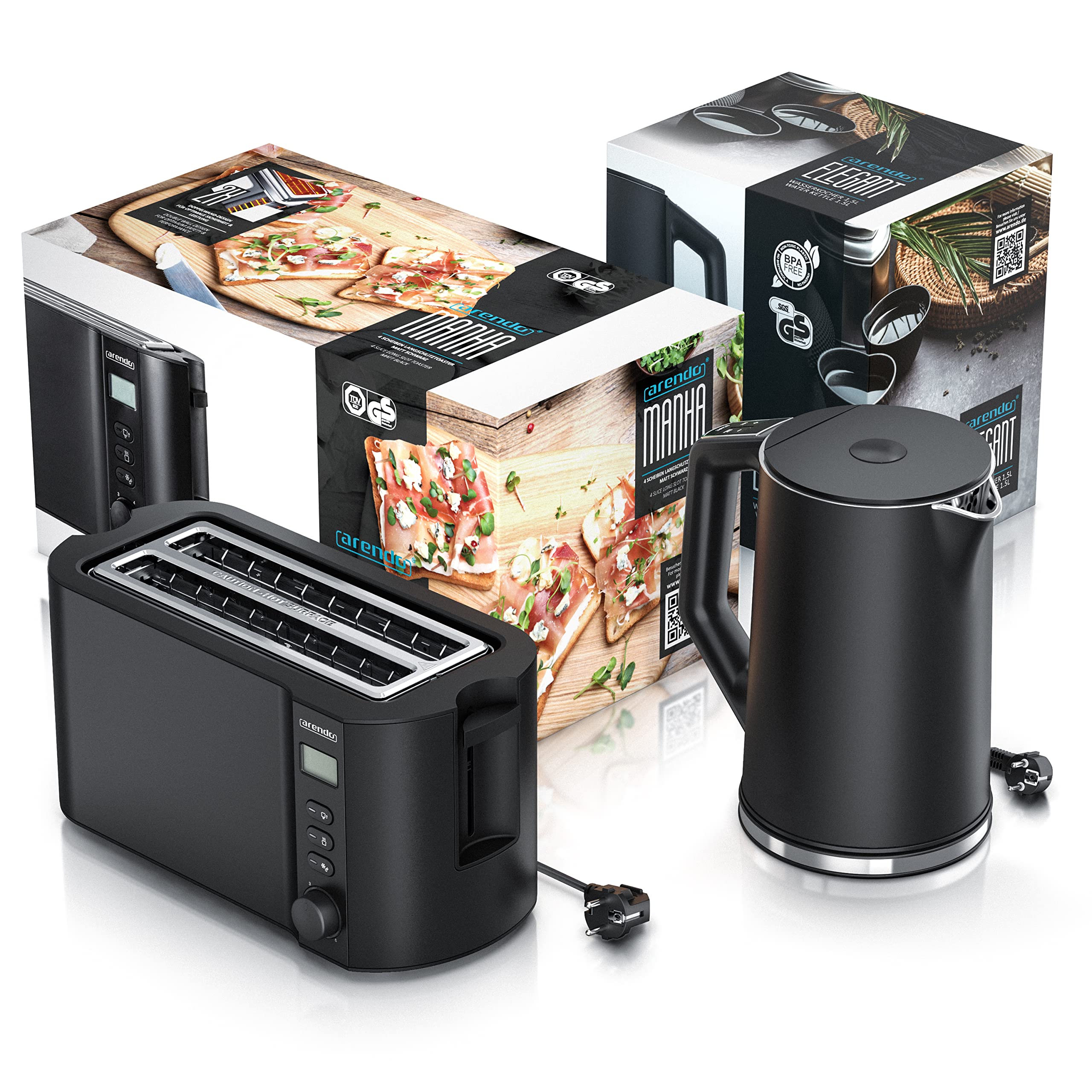 Arendo Wasserkocher Toaster SET Edelstahl Schwarz 1,5L 40-100°C Warmhaltefunktion 4 Scheiben LED-Display 6 Bräunungsgrade