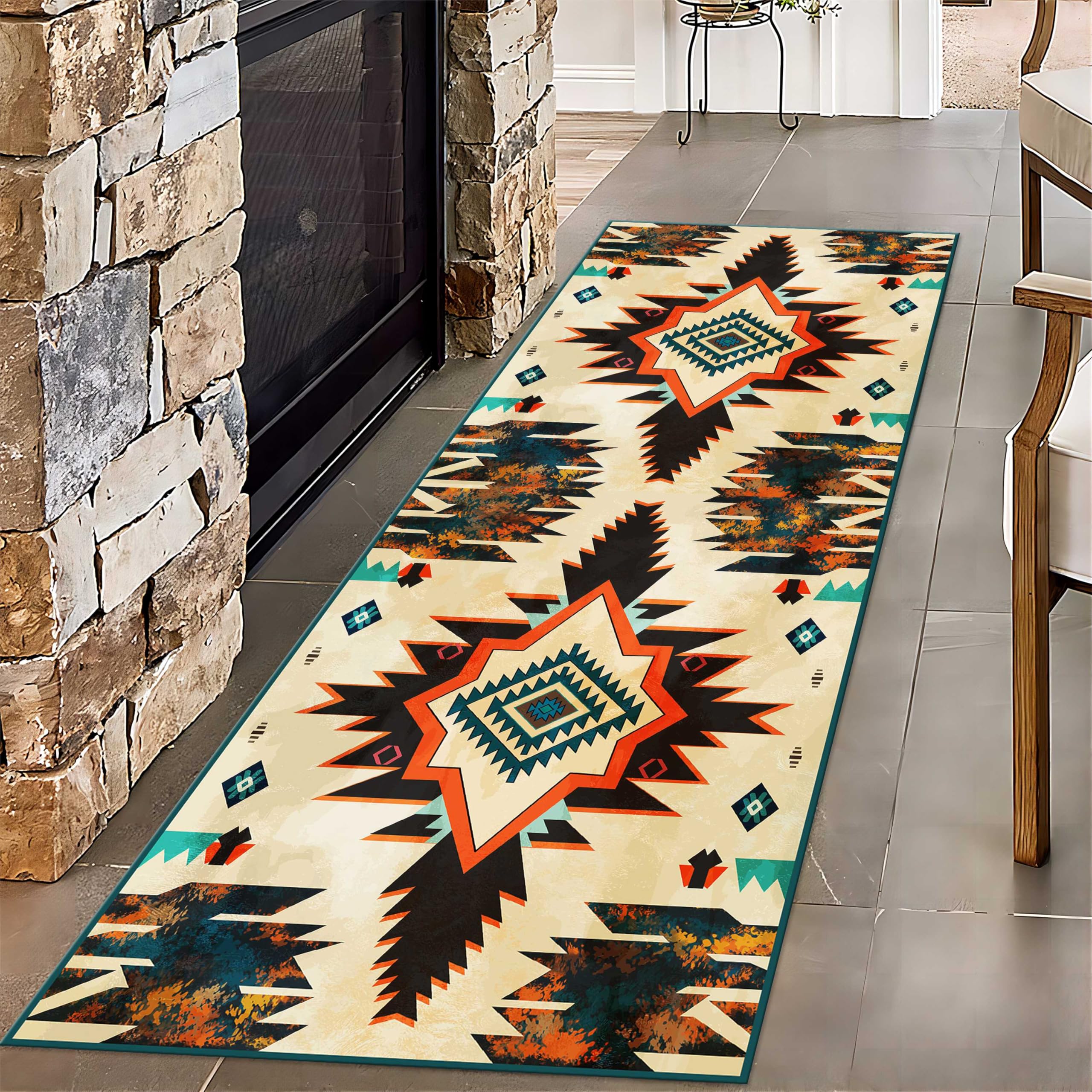 Southwestern Tribal Runner Rugs, 2.6x10ft, Native American Orange Decoration Hallway Carpet, Dirty Resistant Soft Thin Rug, Non-Shedding Low Pile Easy