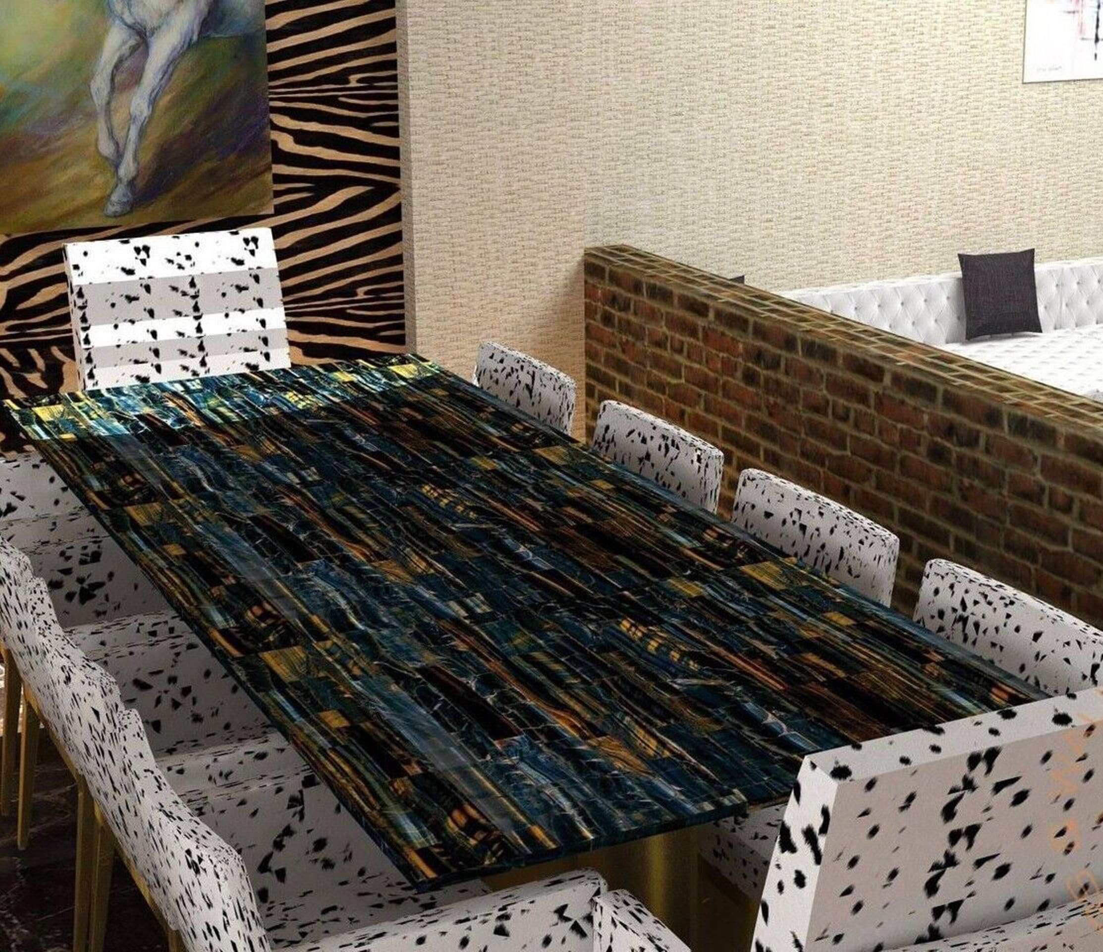 Table basse carrée en œil de tigre bleu au design artisanal haut de gamme