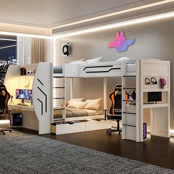 L-Shaped 3-in-1 Full & Twin Size Gaming Bunk Bed with Built-in Desks, Storage Shelves, Pegboard, LED Lights, Ladders Space-Saving Triple Sleeper for Gamers White-O, Full&Twin
