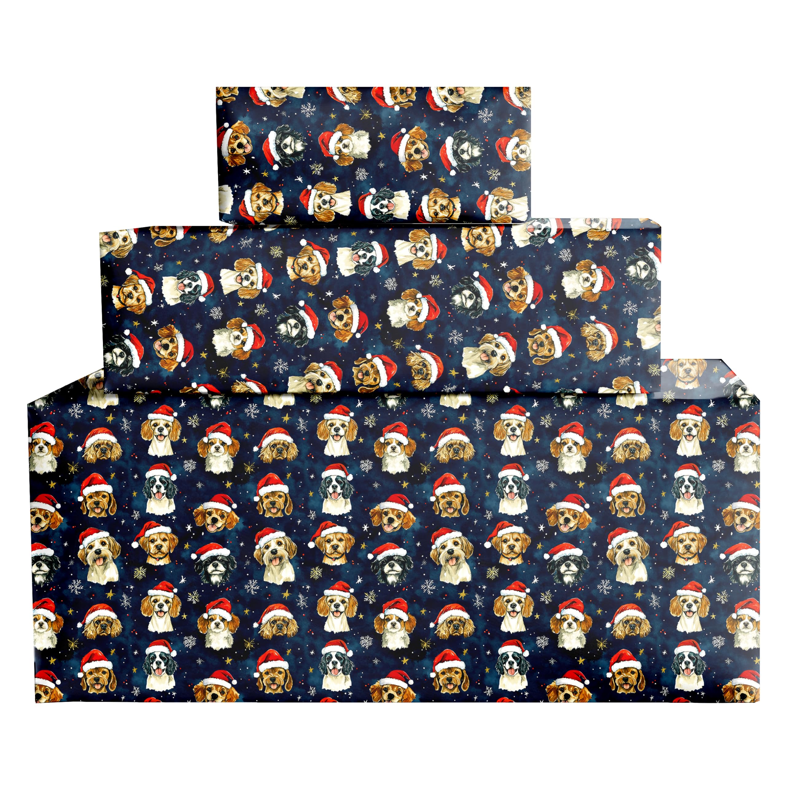Luxury Festive Dogs Wrapping Paper – Hand Drawn Christmas Dogs in Santa Hats on Navy Background – Doggy Themed Gift Wrap Sheets or Rolls up to 6m – 100gsm FSC Certified Matte - 2M