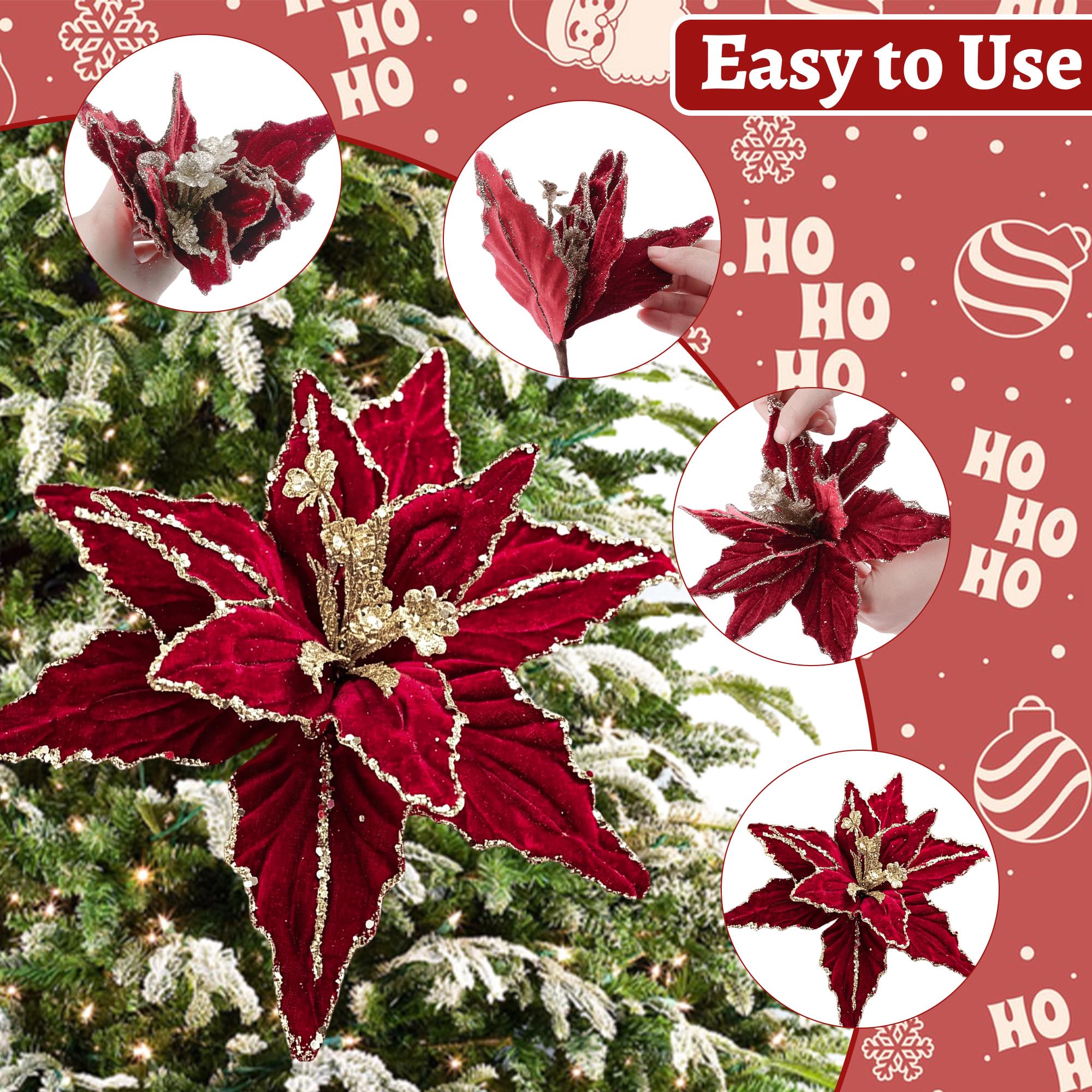 WANDIC 8X künstliche Weihnachtsblumen – Poinsettia 28cm | 8 künstliche Weihnachtsstern-Blumen mit Glitzer (28cm). Ideal als Baumschmuck, Kranzdeko oder Tischdekoration.