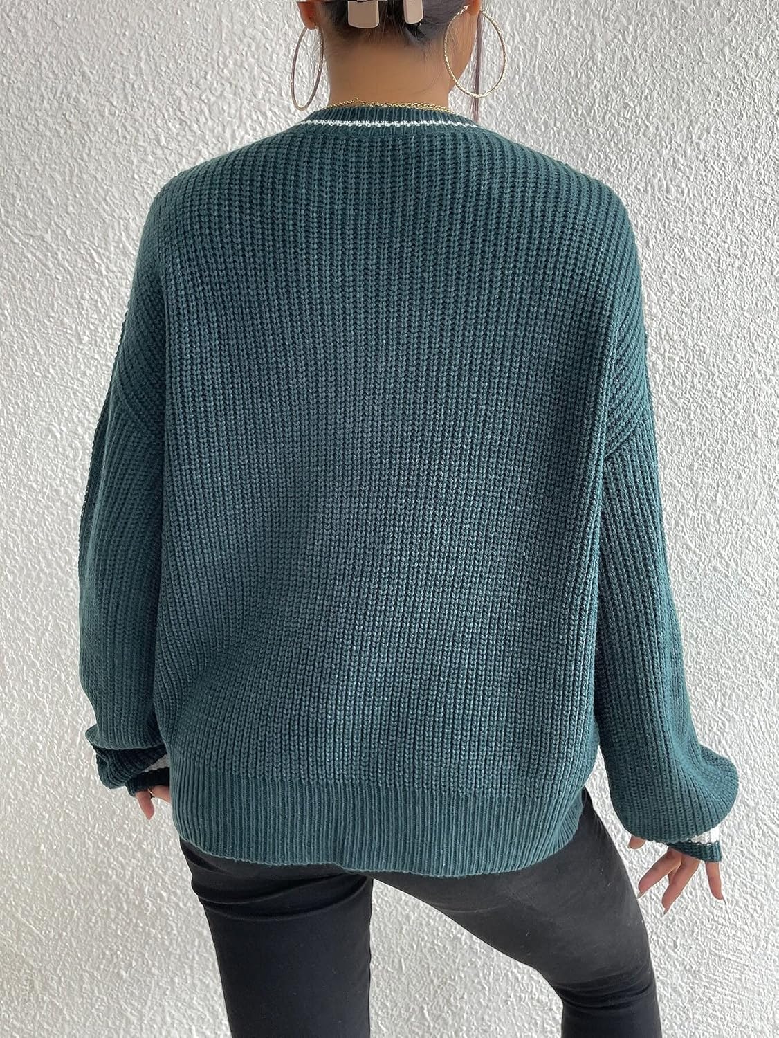 ESENTL Women's Sweater Striped Trim Drop Shoulder Sweater Sweater for Women (Color : Dark Green, Size : Large)