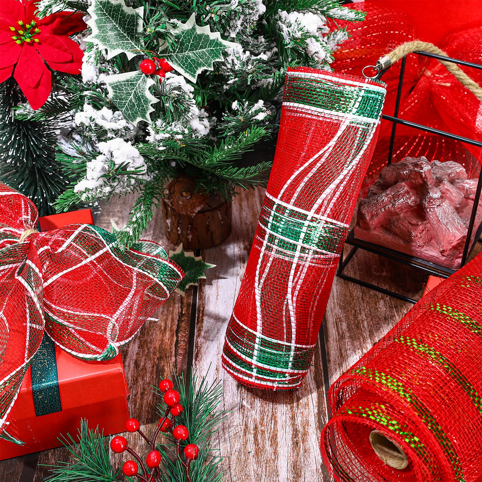 Whaline Lot de 4 rouleaux de ruban en maille métallique pour sapin de Noël - Rouge et vert - 9,1 m - Pour décoration de Noël, bricolage, emballage cadeau, décoration de fête