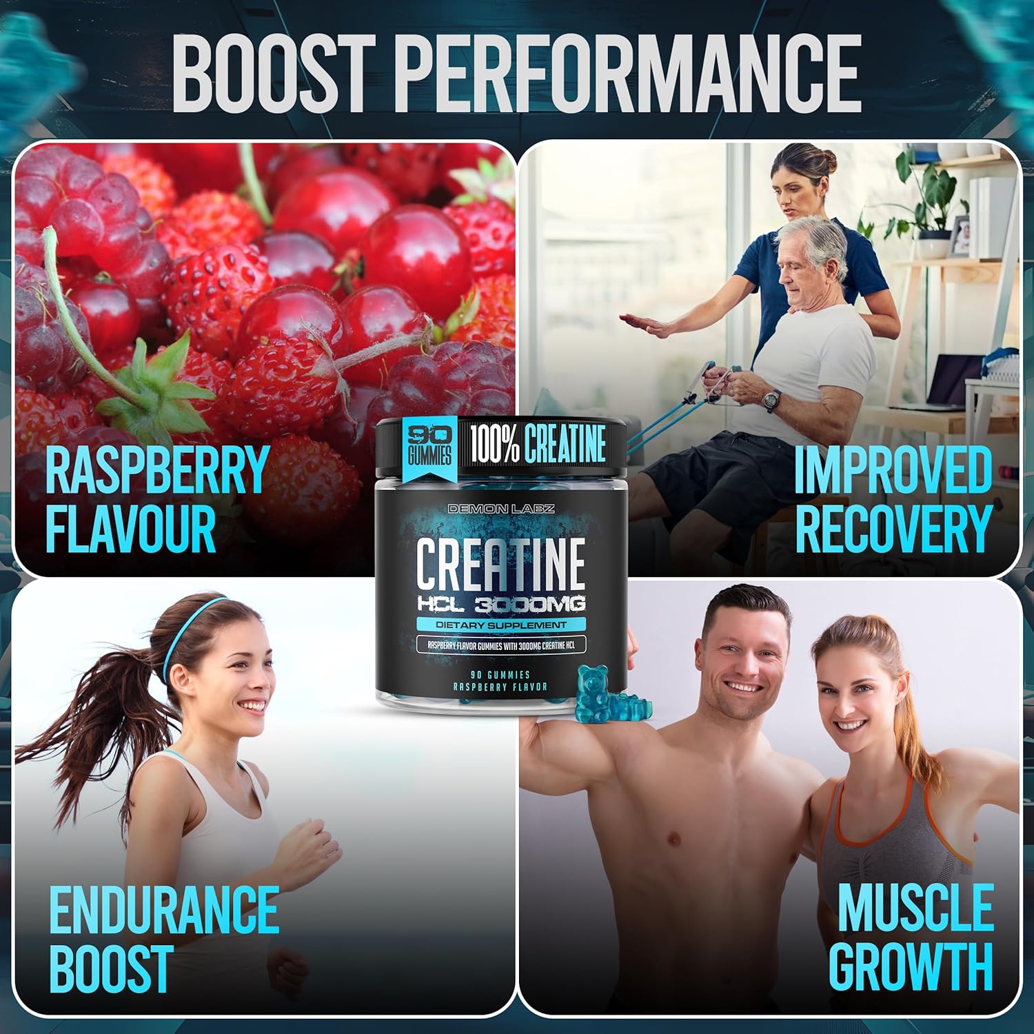 Creatine HCl 3000mg Per Serving - Raspberry Flavor - Vegan Gummies (90 Count, Single Pack)