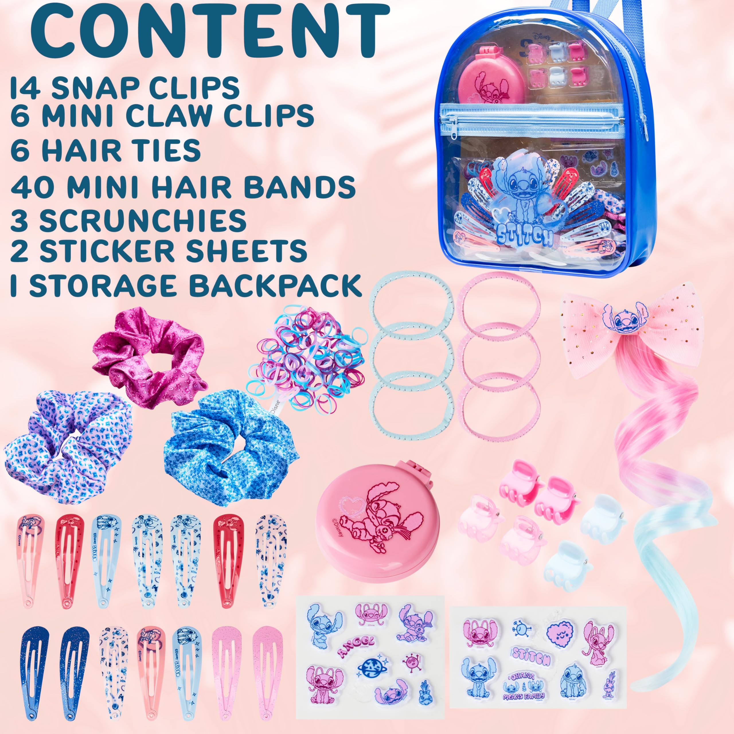 Get Trend Disney Stitch Coffret Accessoires Cheveux Fille avec Sac à Dos Transparent, Barrettes, Stickers, Brosse Pliable, Chouchous, Cadeau Enfant ( Bleu Stitch)