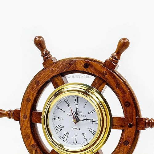 Miniatura 5 de Nagina International, Deluxe Class - Reloj de rueda de barco de madera y latón de 12" - Decoración náutica para el hogar