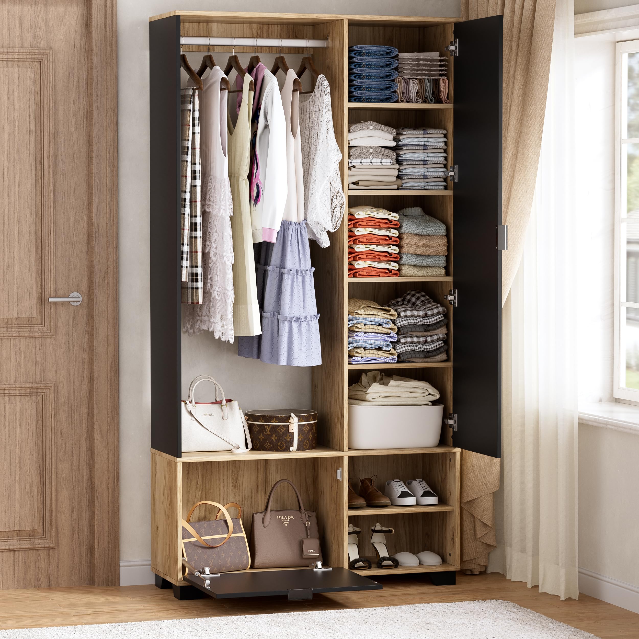 MSFE Armario Entrada con 144cm Espejo, Conjunto de Armario/Perchero con Barra, Zapatero y Compartimentos,Juego de Perchero,Mueble de entrad,No es Necesario Hacer Agujeros,100L x 33W x 190Hcm