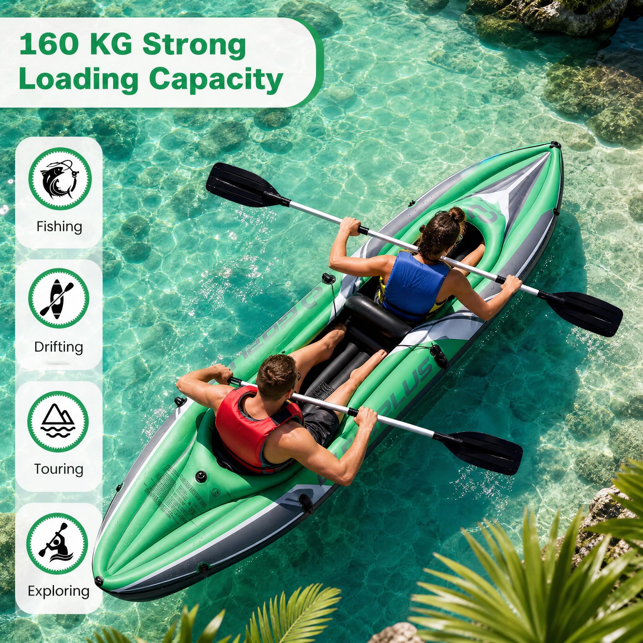 GOPLUS Kayak Hinchable para 2 Personas con Remos | Barca Inflable para Pesca con 2 Asientos, Bomba Manual, Regla para Pescar, Carga de 160 kg, Kit de Reparación
