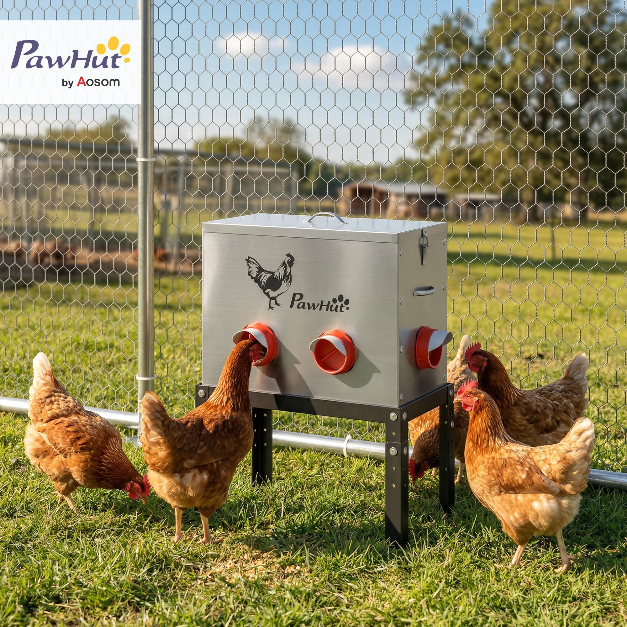 PawHut Mangeoire Automatique à Poulet 27 L en Acier Galvanisé, 6 Ports, Couvercle Verrouillable, Hauteur Reglable, Anti-Gaspillage, Grande Mangeoire pour Poules Canards, Argent