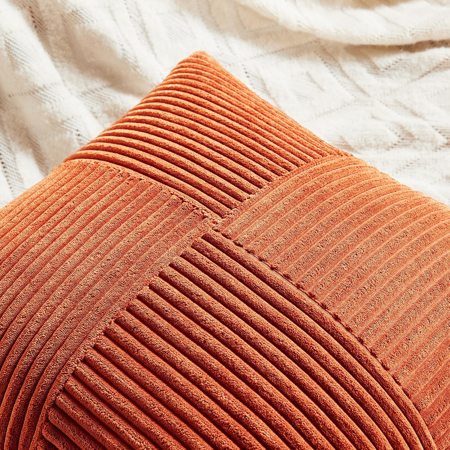 Fancy Homi Set of 2 Burnt Orange Decorative Throw Pillow Covers 18x18 Inch for Living Room Couch Bed, Boho Farmhouse Fall Home Decor, Soft Textured Corduroy Corss Patchwork Cushion Case 45x45 cm - Image 3