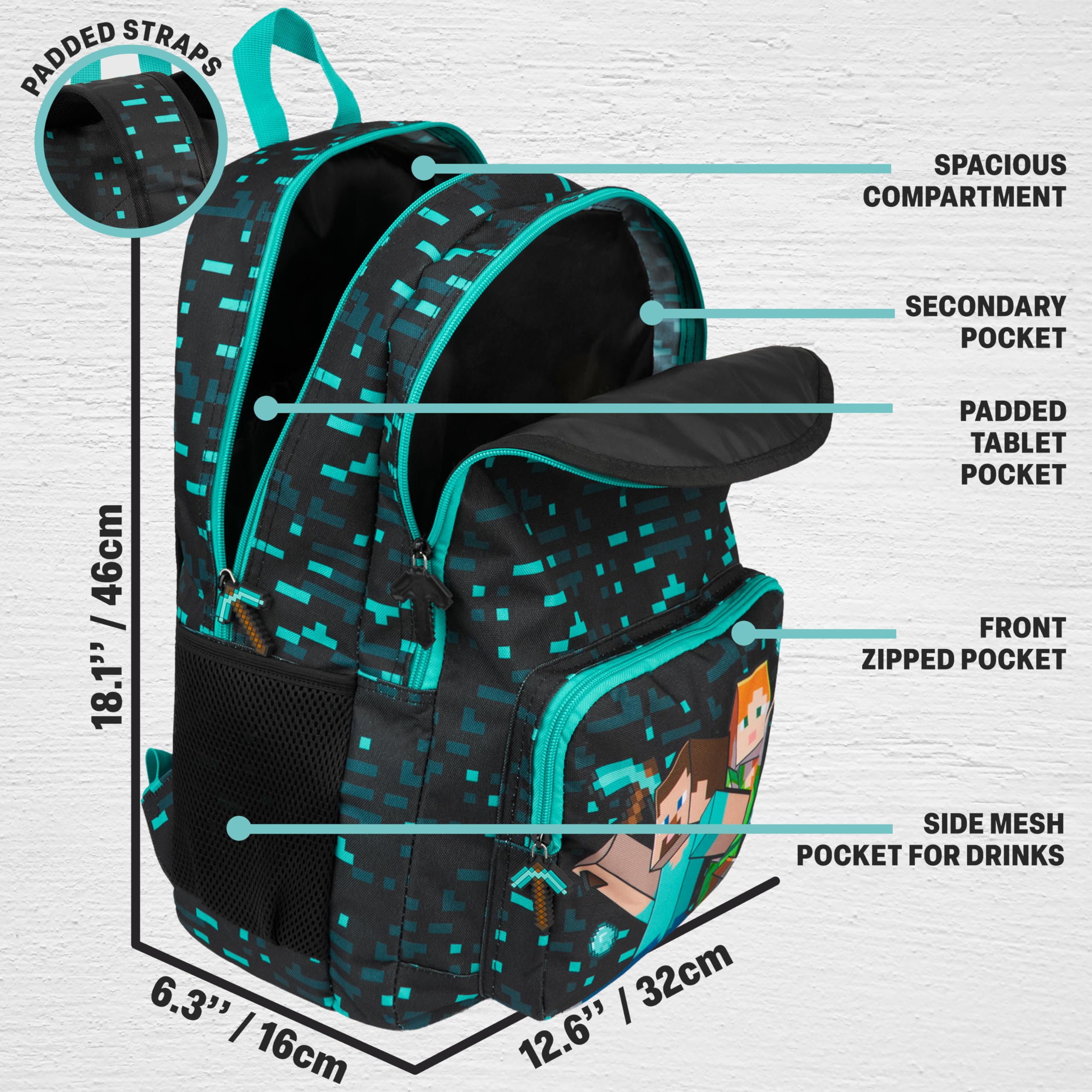 Get Trend Minecraft Sac a Dos Garcon, Fermeture Eclair et Bandoulière Réglable Cartable, Gaming Merchandise, Cadeau Garcon (Bleu/Multi Minecraft)