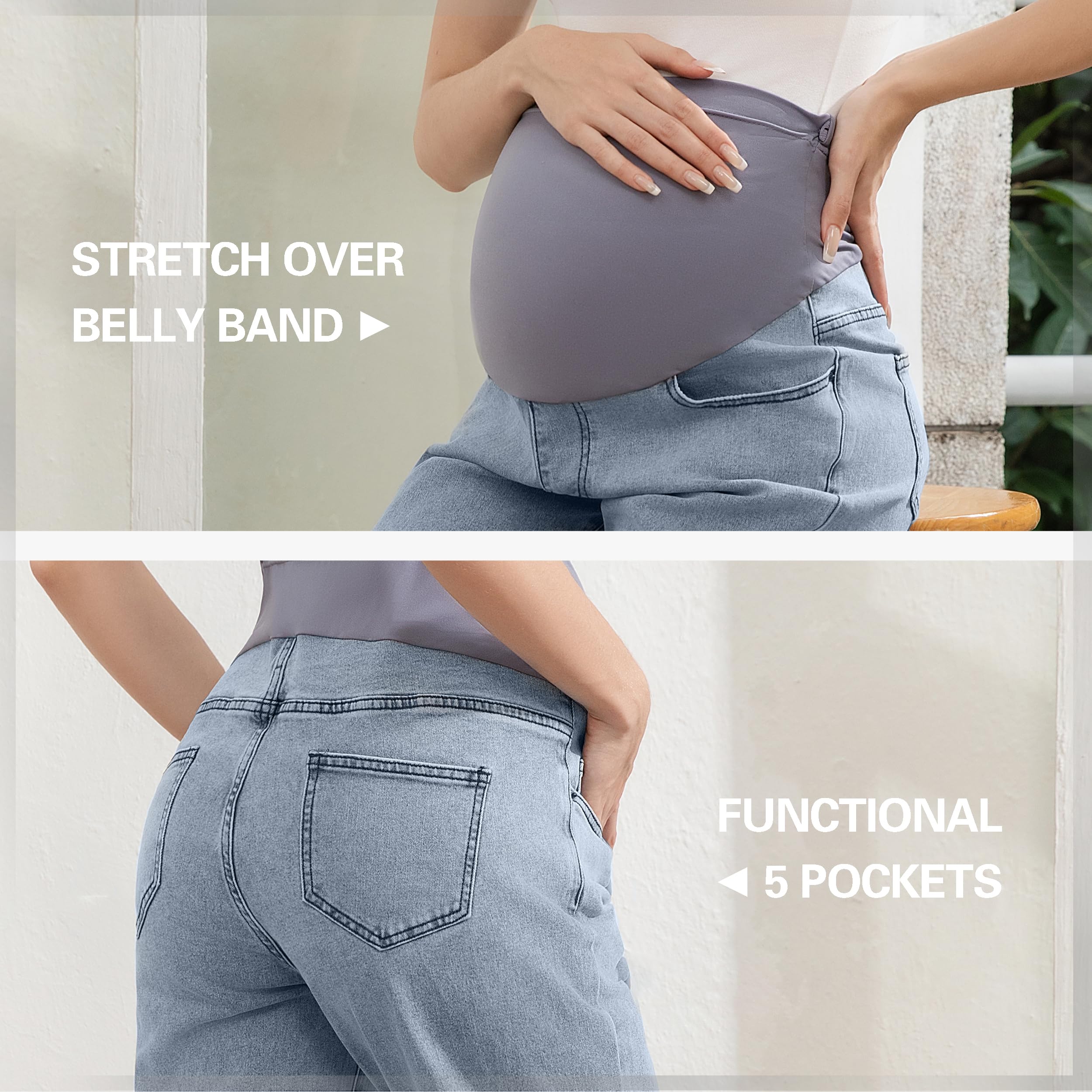 Jeans premaman da donna sopra la pancia, comodi jeans elasticizzati boyfriend, pantaloni larghi per gravidanza con tasche