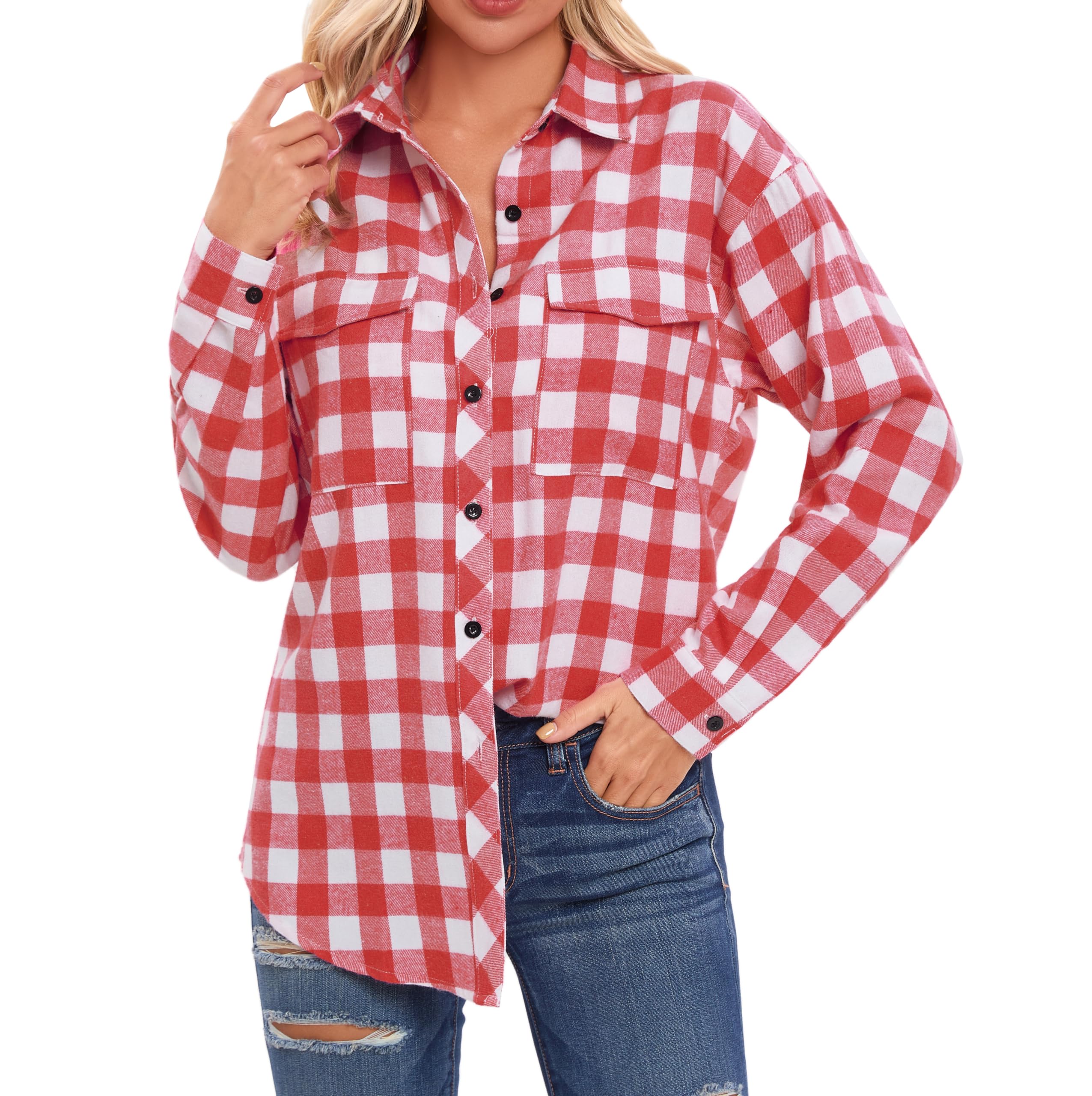 Timuspo Chemisier à carreaux pour femme, boutonné, manches longues, pour fête de la bière, tunique à carreaux, décontracté, col en V, haut en flanelle