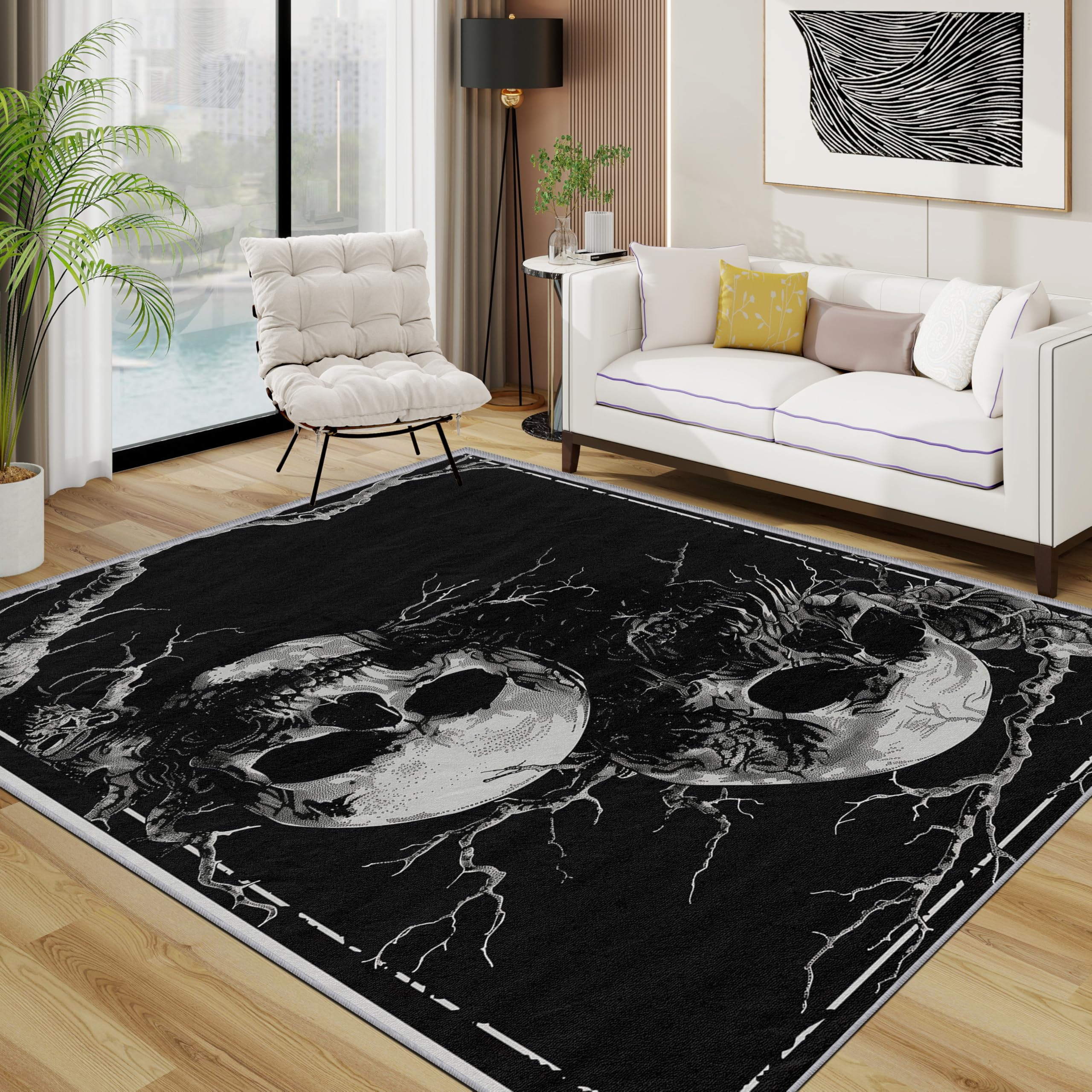 TerroVee Gothic Skull Area Rugs for Living Room 120x180 - Goth Horror Rug for Bedroom, Dark Aesthetic Non Slip Washable Short Pile Carpet, Gothic Skull House Decor