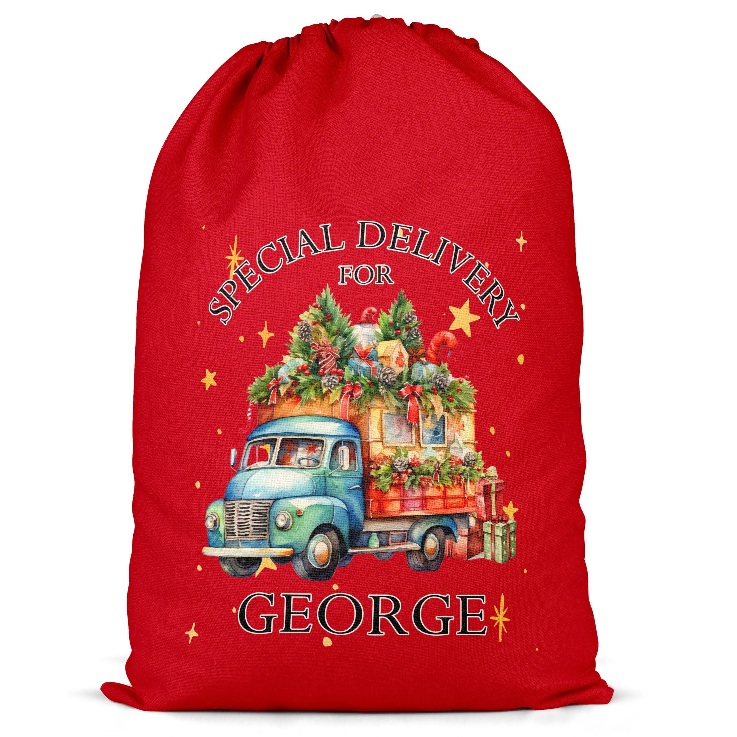 Purple Print House Custom Christmas Truck Present Sack For Kids Personalised Xmas Special Delivery Festive Boys Girls Xmas Gift Bag, XL, Red