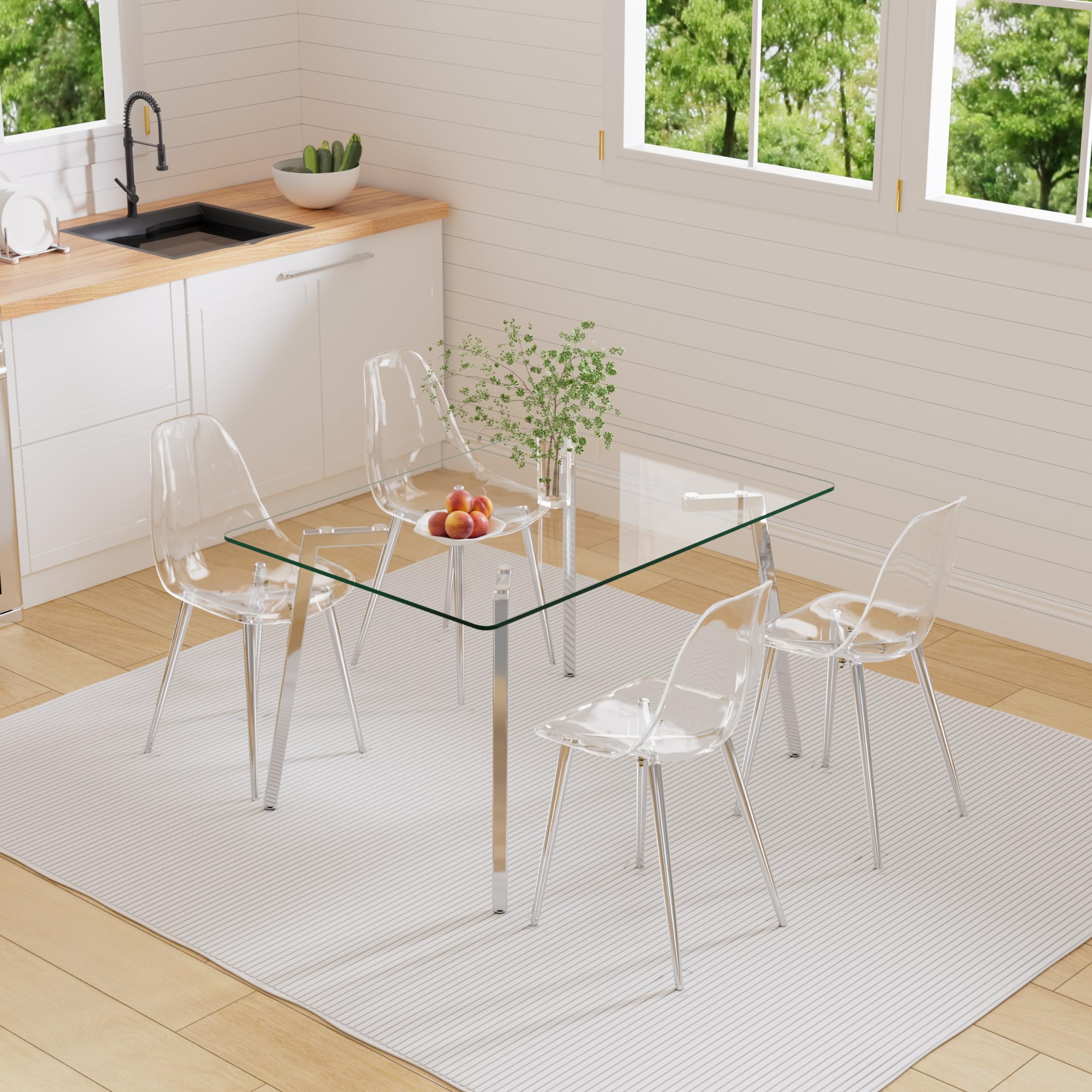 HAIZAO Silver Clear Glass Dining Table Set for 4, 51'' Modern Luxury Rectangle Dinner Room Set, 5 Pieces Small Minimalist Kitchen Table Set with Clear