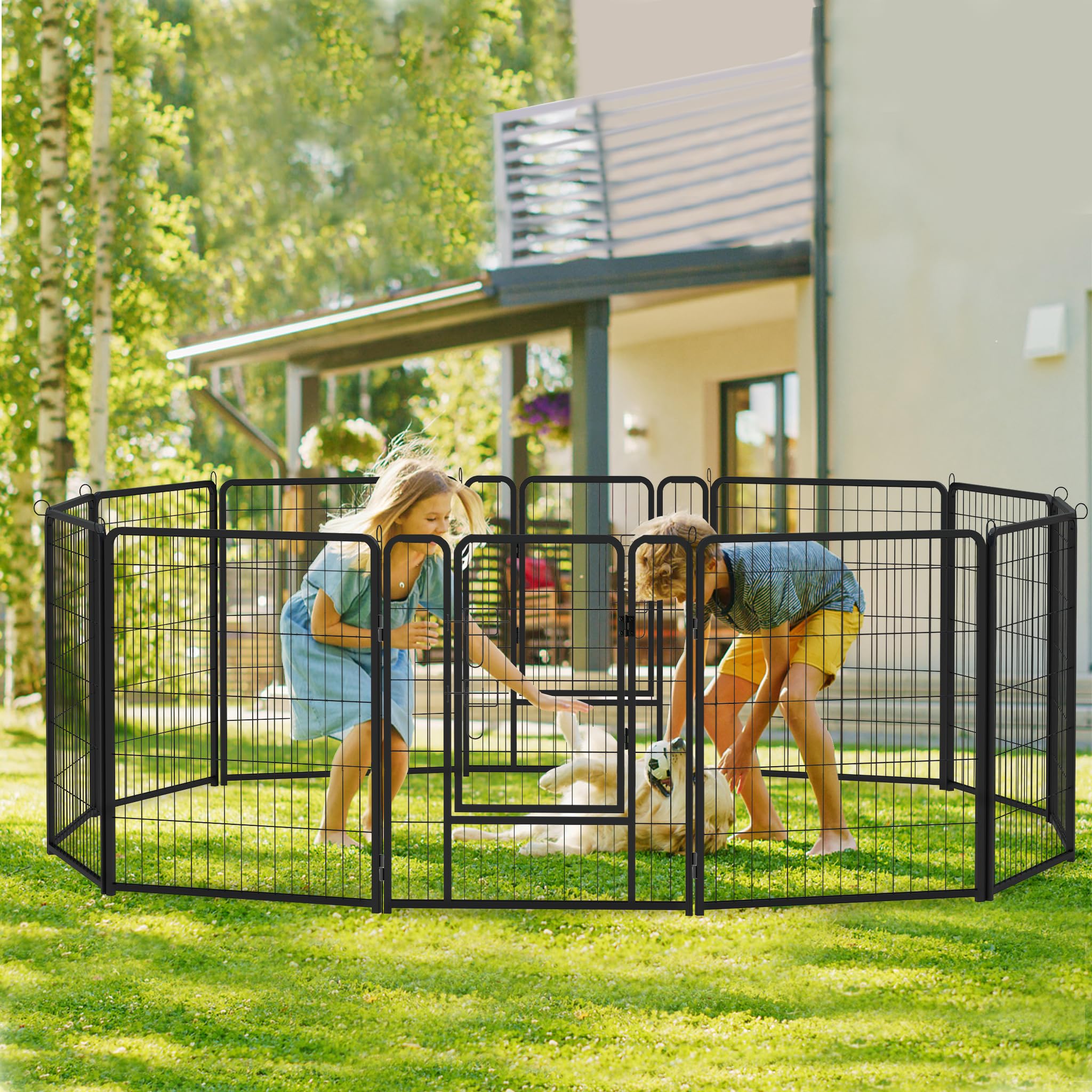 Aufun 6-Gitter Freilaufgehege Welpenauslauf faltbares Tierlaufstall, Automatische Verriegelung, Laufgitter Welpenfreigehege Hundegehege mit Tür für Hunde, Kaninchen, Kleintiere, Katze, je 80x80cm