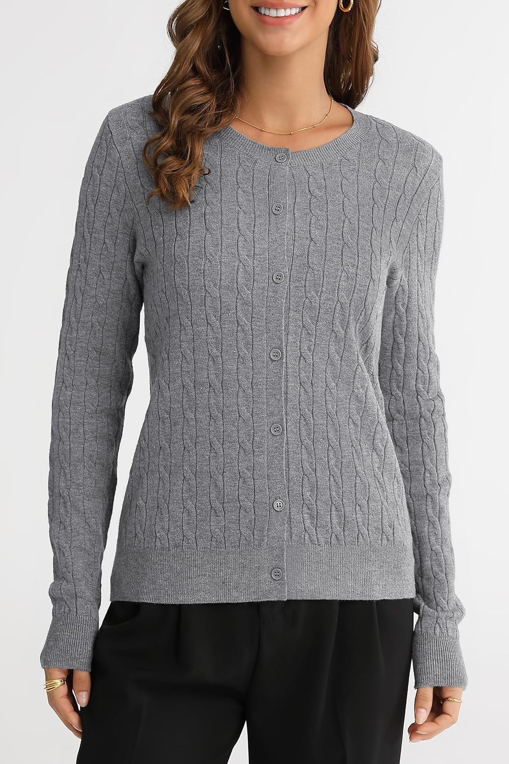 QUALFORT Womens Cable Knit Cardigan Sweaters Long Sleeve Lightweight Crewneck Button Up Sweater 2026 - Image 3