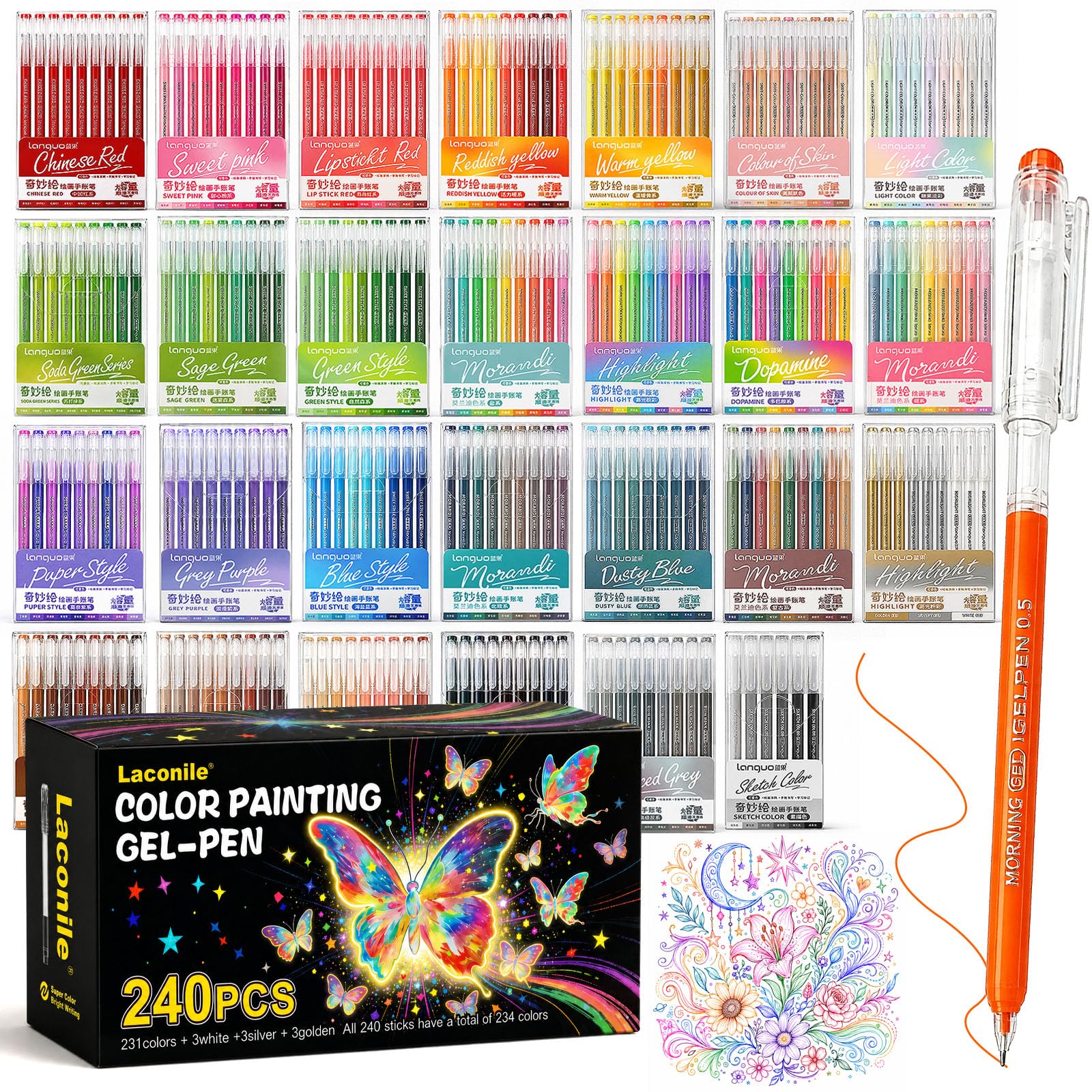 Laconile 240 Stylos Gel pour Coloriage Adulte – Pointe Fine 0,6 mm – Gel Pen pour Scrapbooking, Dessin, Écriture, Griffonnage, Journal – 231 Couleurs Vives + 3 Blanc/3 Argent/3 Or