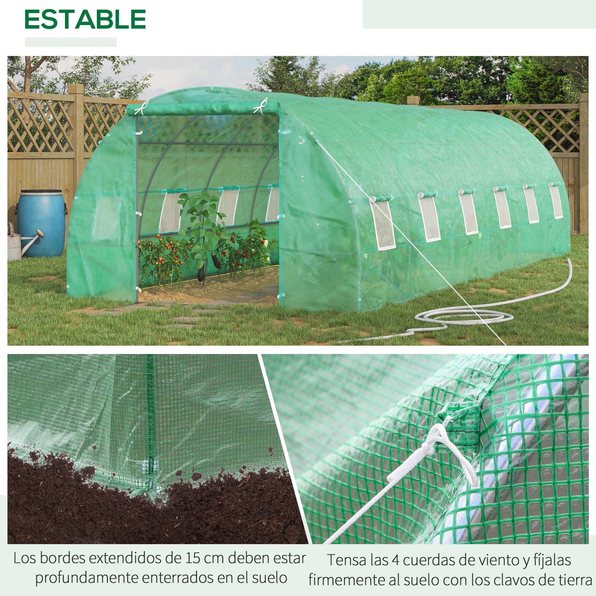 Outsunny Invernadero de Túnel 800x300x200 cm con 12 Ventanas y Puerta Enrollable Cubierta PE 140 g/m² y Acero para Cultivo de Plantas Verduras Verde